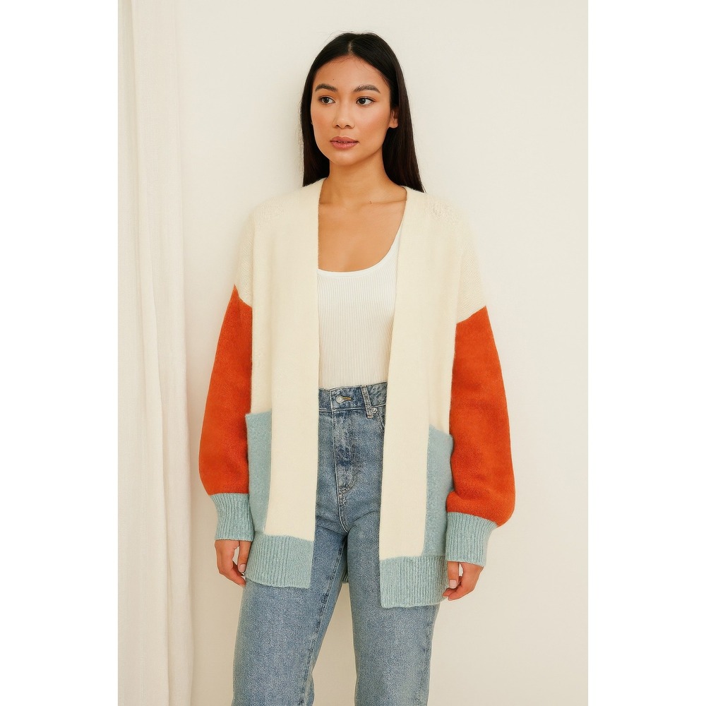 Colorblock Cardigan Womens Medium Multicolor Excellent Knit Open Front